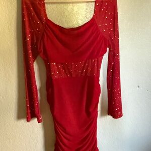 Elegant Red Dress with Sheer Sleeves